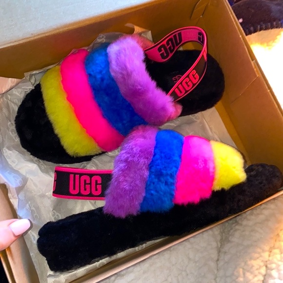 UGG Shoes - UGG • Genuine Shearling Fluff Yeah Slide Black/ Taffy Pink Multi